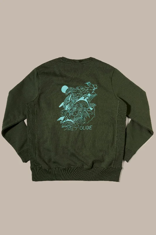 surf clothing for wearing under wetsuits-Glide x Valdes Studio Crewneck Sweatshirt - Hunter Green