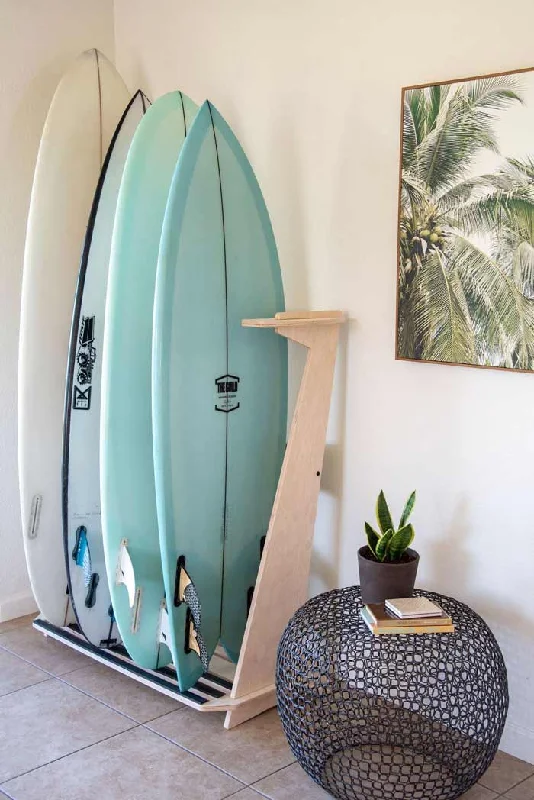 surf clothing for cool, breathable wear-4 Surfboards | Wood Freestanding Rack