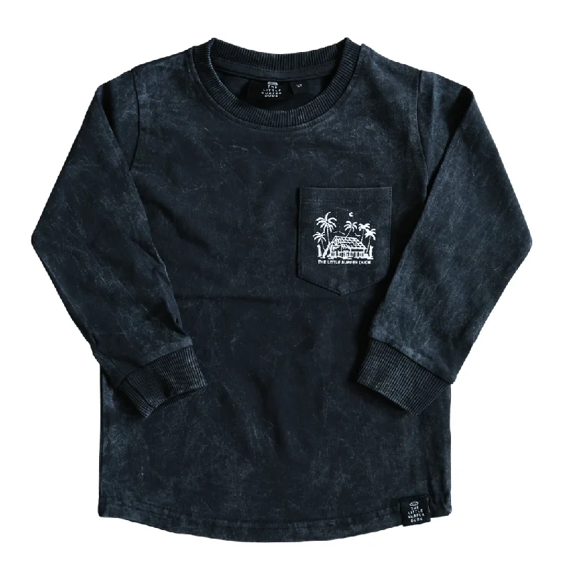 surf clothing for lightweight travel-Black Galaxy Little Surfer Dude Long Sleeve Tee