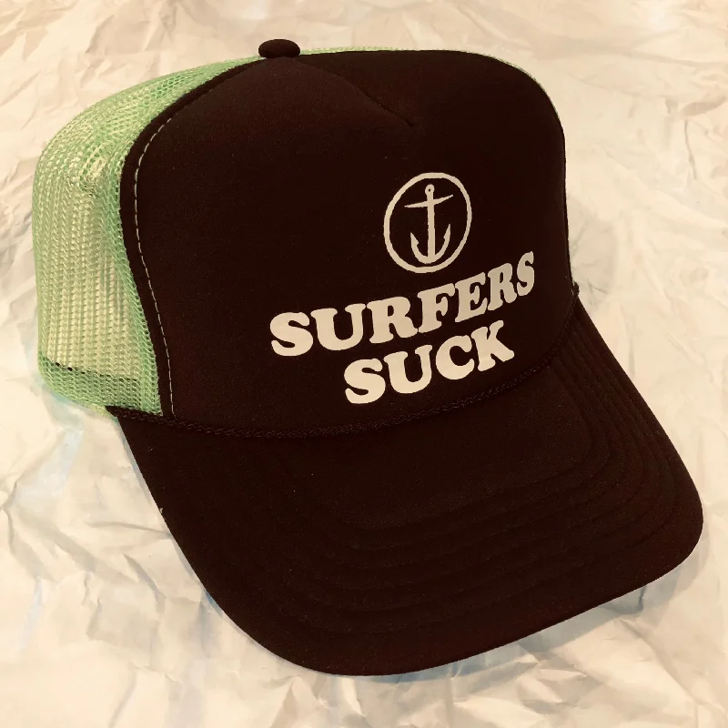 surfboard fins for excellent wave-holding power-Captain Fin Surfers Suck Trucker Hat Neon Green