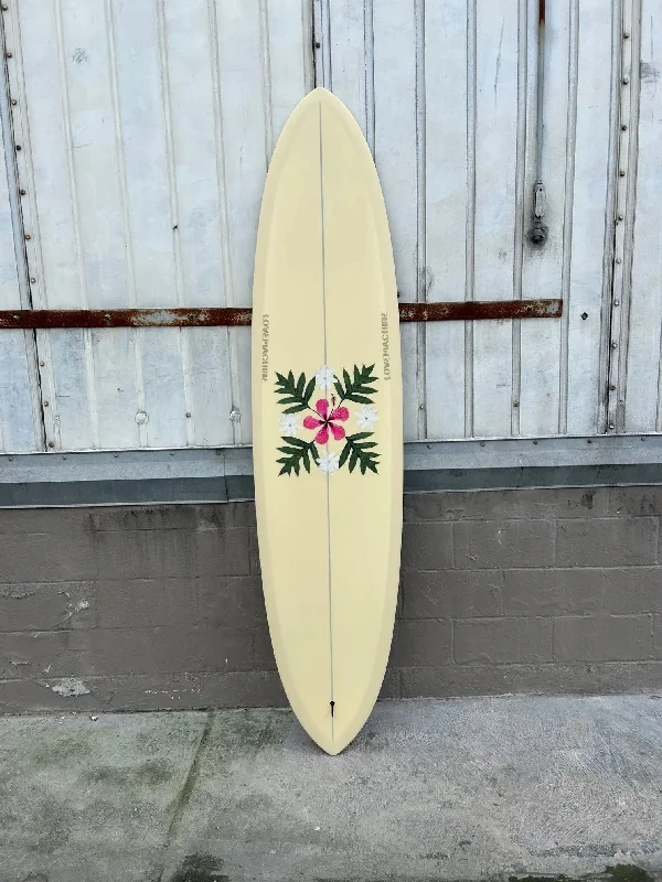 surfboards for tight, controlled turns-LOVE MACHINE 7'10 THICK LIZZY I TAN WITH FLOWERS SURFBOARD