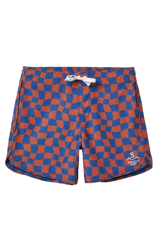 surf clothing for wearing under wetsuits-Seaesta Scallop Retro Flare Boardshort / Wavy Checks / Navy / Boardshorts