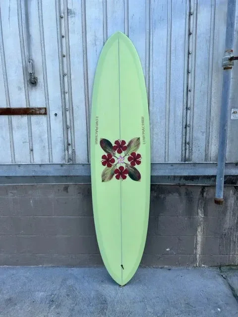 surfboards for quick response in the water-LOVE MACHINE 7'4" THICK LIZZY I GREEN WITH FLOWERS SURFBOARD