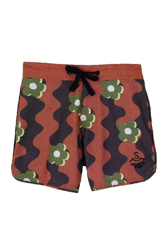 surf clothing with extended UV coverage-Seaesta Scallop Retro Flare Boardshort / Wavy Daisy / Tan Camo / Boardshorts