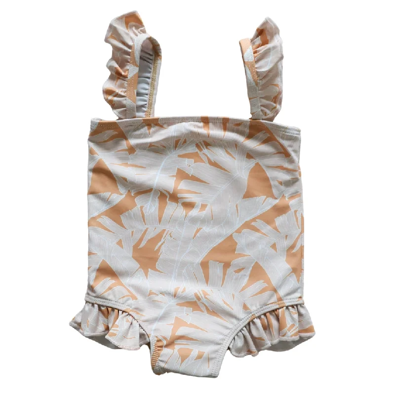 surf clothing for comfortable surf travel-Orange Banana Leaf Little Surfer Girl Swim One-piece