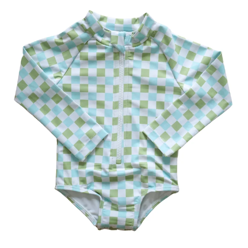 surf clothing with low-profile design for speed-Long sleeve Checkered Little Surfer Girl Zip Swim One-piece