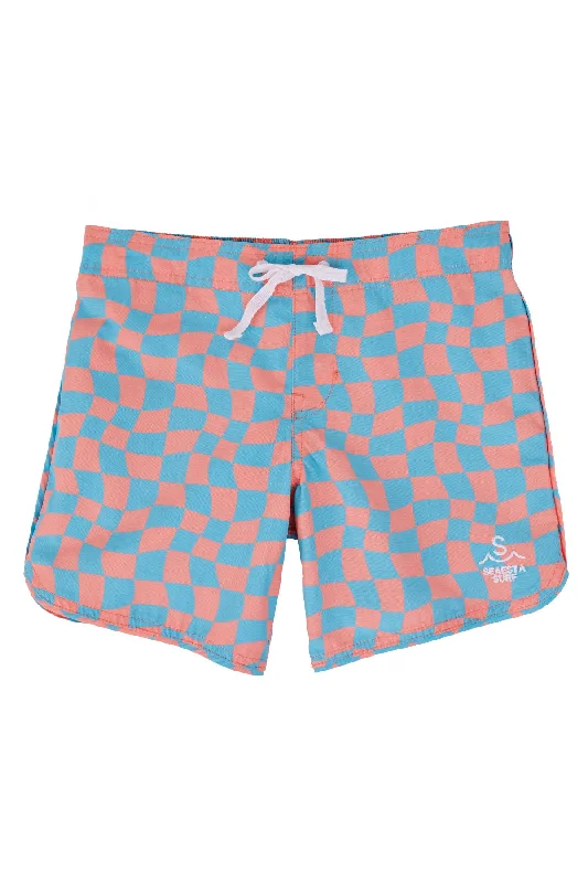 surf clothing for freedom of movement in the water-Seaesta Scallop Retro Flare Boardshort / Wavy Checks / Coral / Boardshorts