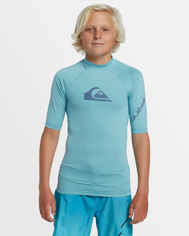 surf clothing for minimal drag in the water-Boys 8-16 All Time Short Sleeve UPF 50 Rash Vest