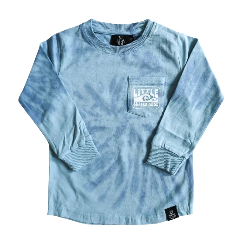 surf clothing with increased durability for active use-Blue Tie Dye Little Surfer Dude Long Sleeve Tee