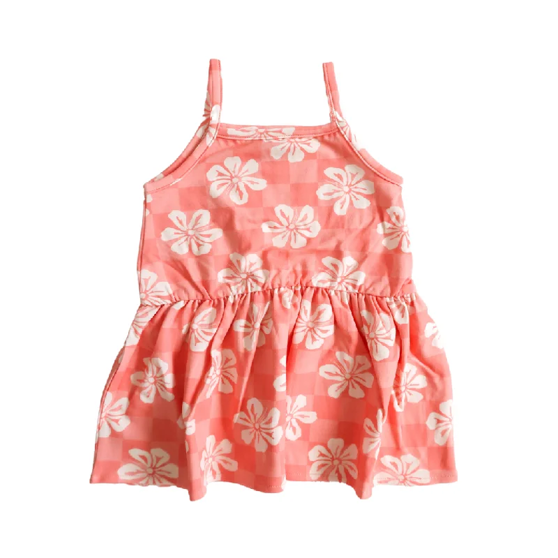 surf clothing with moisture-wicking technology-Little Surfer Girl Pink Hibiscus Checkered Dress