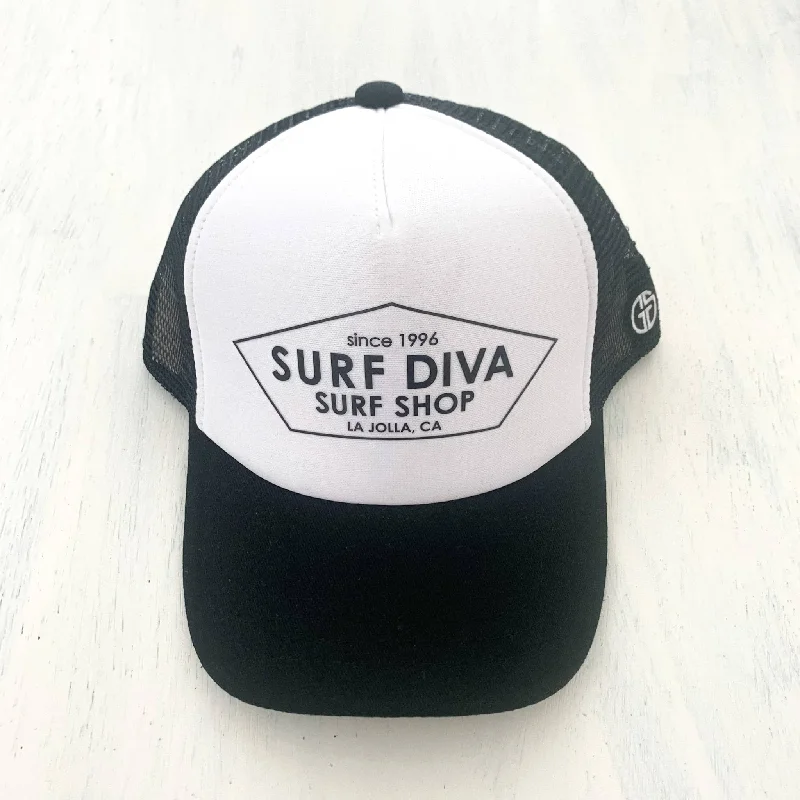 surf clothing with built-in hood for extra protection-YOUTH & BABY TRUCKER HAT with SURF DIVA SURF SHOP (black/white)