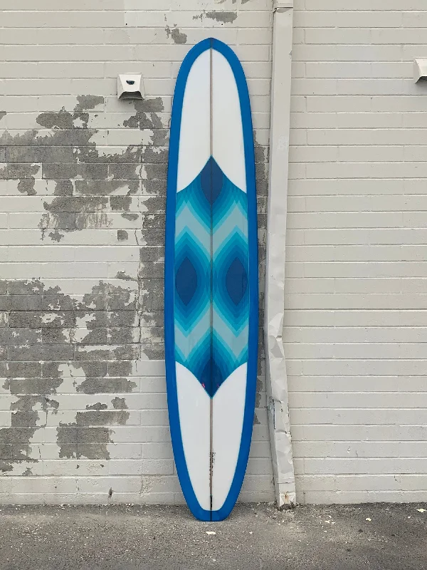 surfboards with low drag for increased speed-Woodin Surfboards | Grateful Sled 9’6” Blue Resin Time With Psychedelic Fabric Inlay Longboard