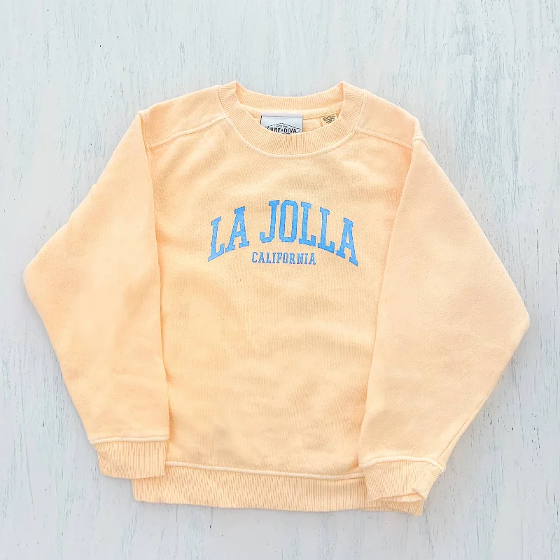 surf clothing with breathable materials for heat-YOUTH CREWNECK SWEATSHIRT with LA JOLLA CALIFORNIA (yellow)