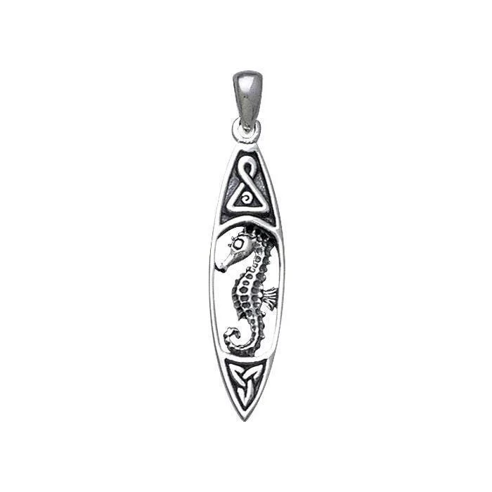 surfboards for deep carving in the surf-A diminutive charm of the sea ~ Sterling Silver Seahorse-inspired Surfboard Pendant Jewelry TP1582