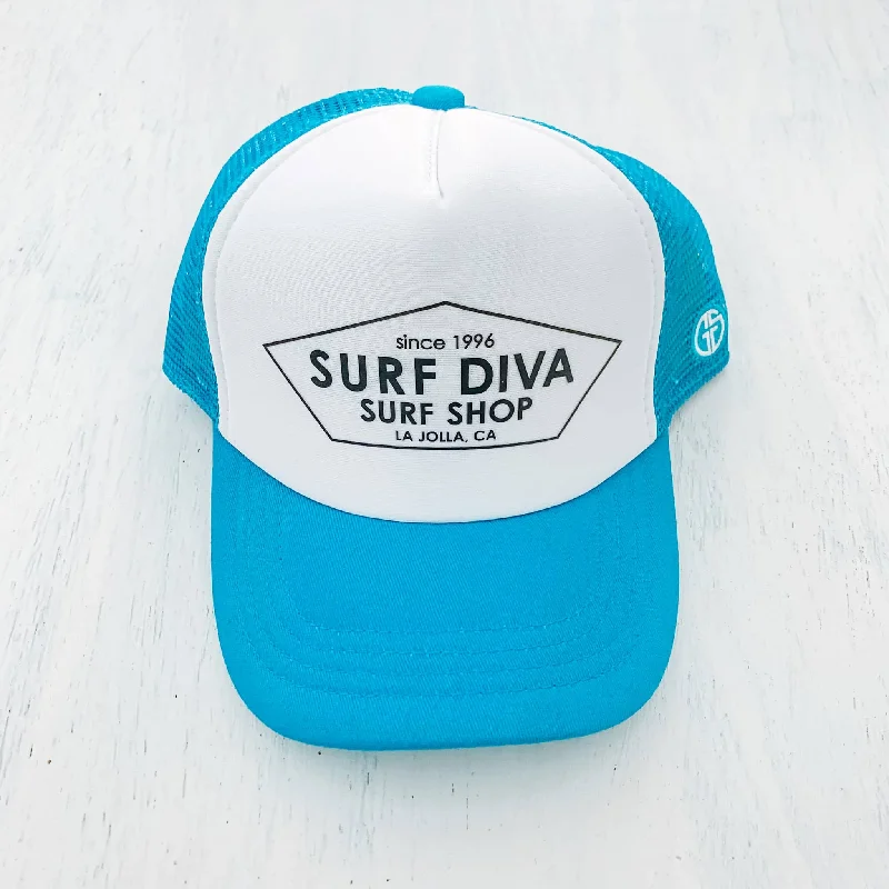 surf clothing for extra durability in harsh conditions-YOUTH & BABY TRUCKER HAT with SURF DIVA SURF SHOP (turquoise/white)