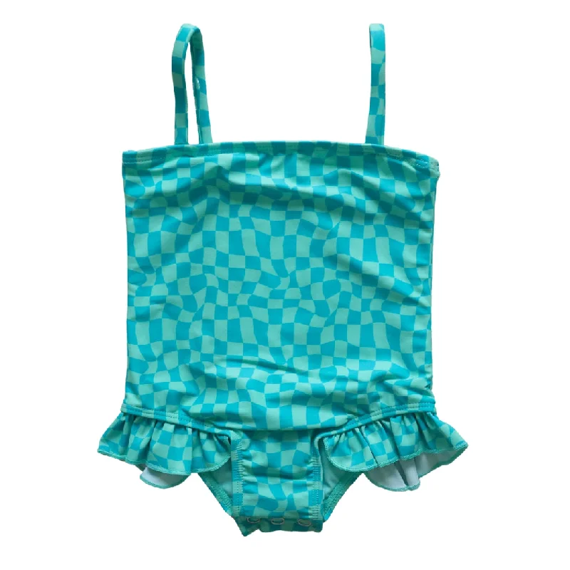 surf clothing for beach-to-surf transitions-Blue and Green Checkered Little Surfer Girl Swim One-piece