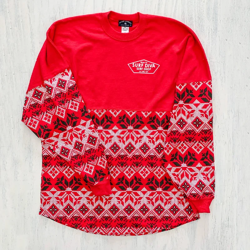 surf clothing for sun protection while surfing-LONGSLEEVE T-SHIRT with SURF DIVA SURF SHOP - WINTER HOLIDAY CREWNECK (red multi)