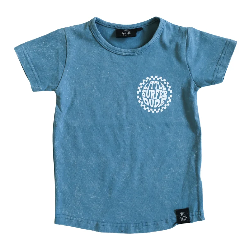 surf clothing for cool, breathable wear-Blue Checkered Little Surfer Dude Logo T-Shirt