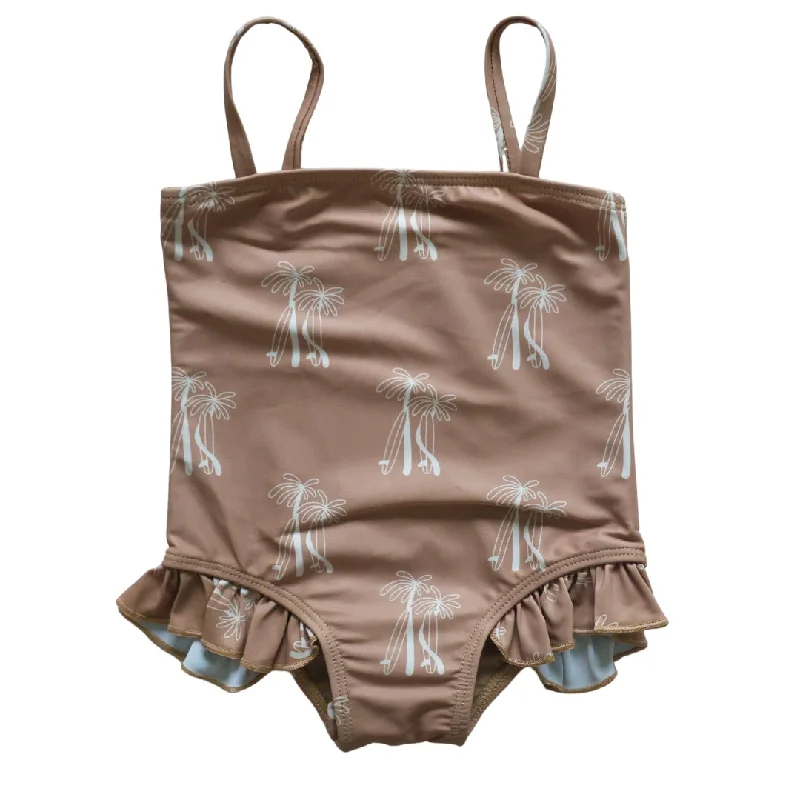 surf clothing with adjustable features for custom fit-Brown Palm Little Surfer Girl Swim One-piece