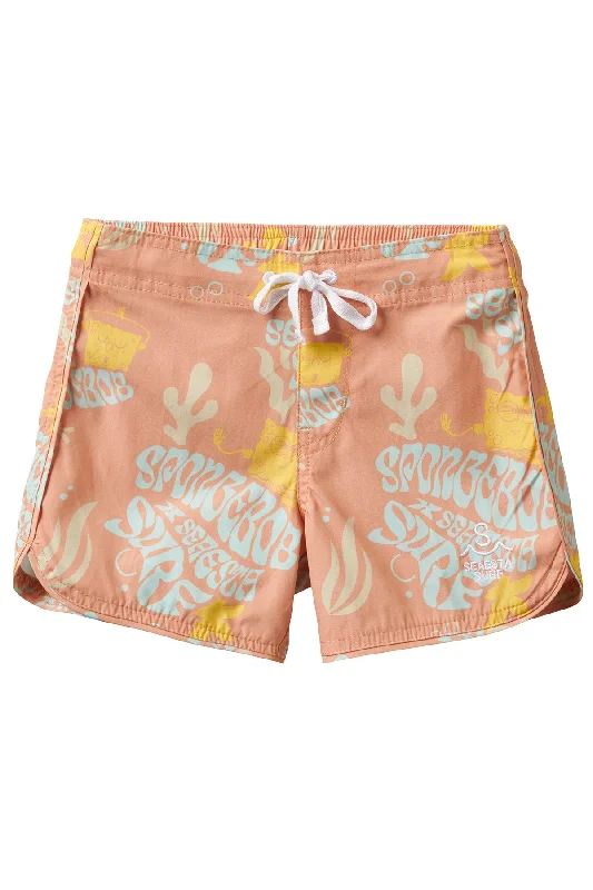 surf clothing for maintaining warmth in the surf-Seaesta Surf x SpongeBob® Go With The Flow Boardshorts / Peach / Youth