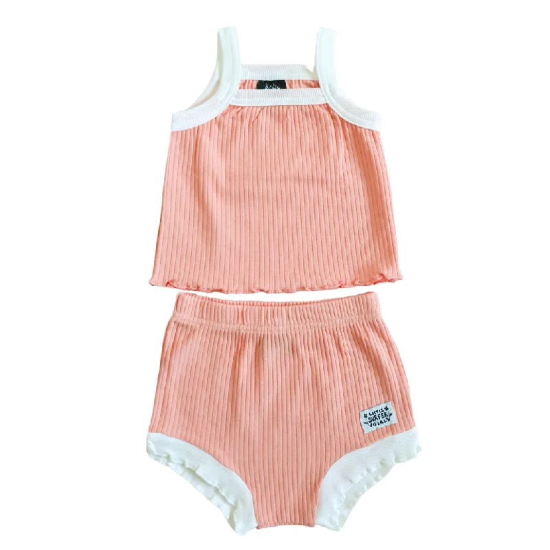 surf clothing for fashionable beach style-Pink Ribbed Solid Two-piece set