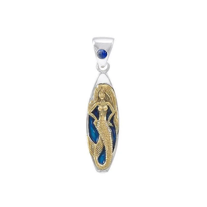 surfboards for responsive performance-Mermaid Surfboard Gold Accent Sterling Silver Pendant MPD077