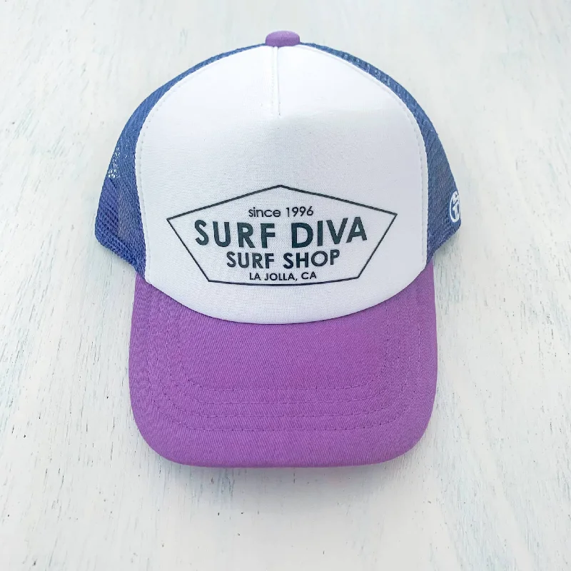 surf clothing for stylish beachwear-YOUTH & BABY TRUCKER HAT with SURF DIVA SURF SHOP (purple/white)