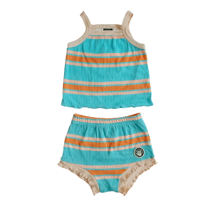 surf clothing with high-tech, quick-dry materials-Blue + Pink Stripe Ribbed Two Piece Set